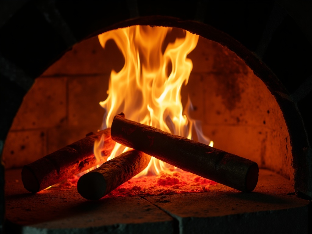 Four à bois napolitain en pleine flambée dans la salle de la pizzeria, le soir