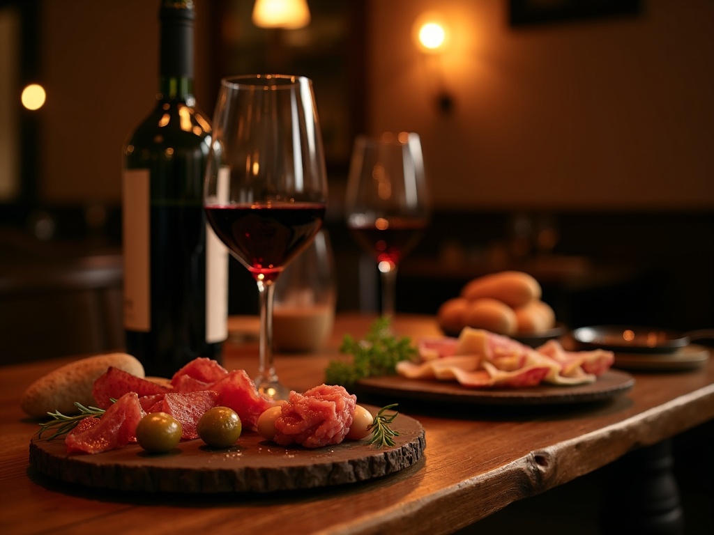 Vin rouge italien et antipasti sur la table