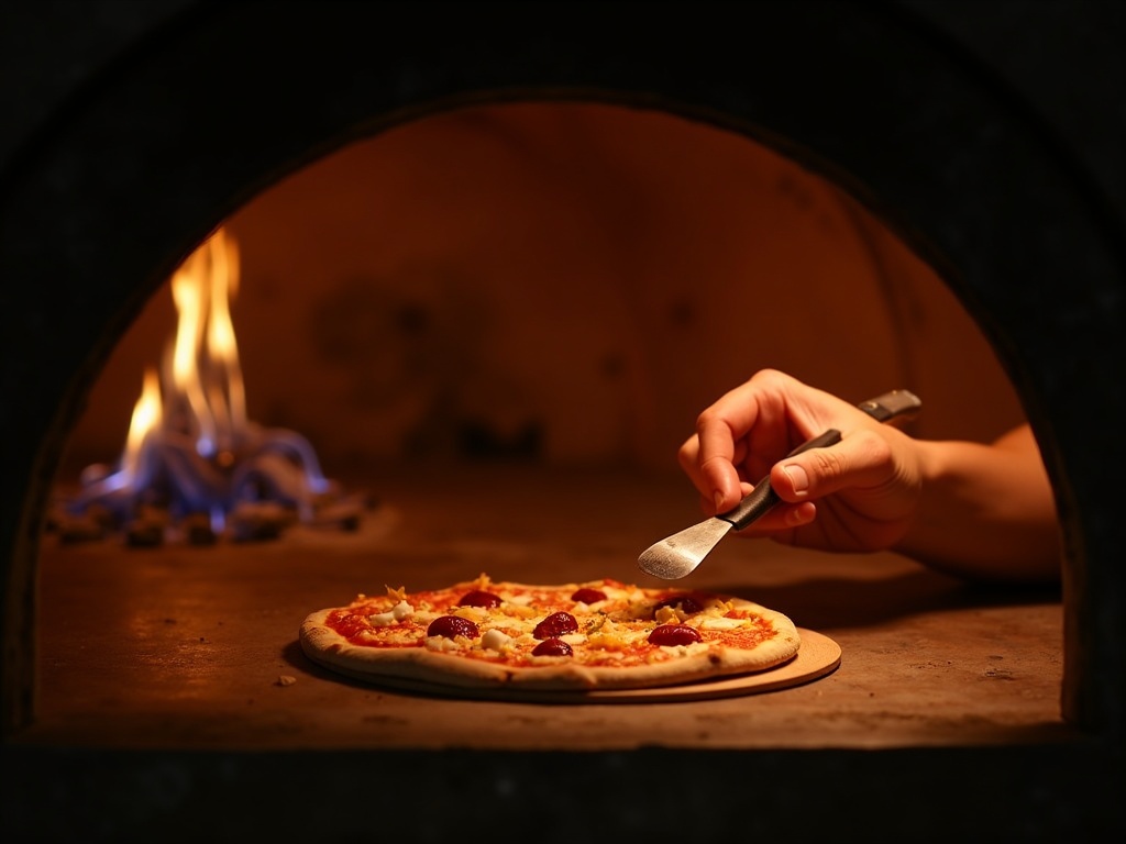 Pizzaiolo enfournant une pizza dans le four à bois incandescent